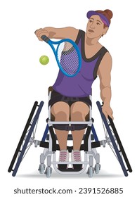 para sports tennis, female athlete with a physical disability sitting in a wheelchair hitting tennis ball with racquet, isolated on a white background