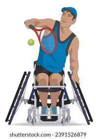 para sports tennis, male athlete with a physical disability sitting in a wheelchair hitting tennis ball with racquet, isolated on a white background