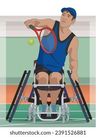 para sports tennis, male athlete with a physical disability sitting in a wheelchair hitting tennis ball with racquet, with indoor court in stadium background