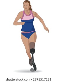 para sports track running, female athlete with a physical disability on prosthetic leg, track and field, isolated on a white background