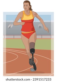 para sports track running, female athlete with a physical disability on prosthetic leg, track and field, with track and stadium in background