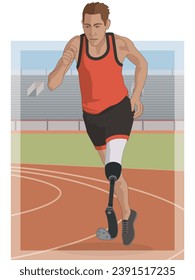 para sports track running, male athlete with a physical disability on prosthetic leg, track and field, with track and stadium in background