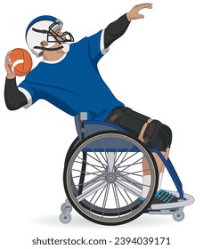 para sports wheelchair USA football male player with a physical disability, throwing ball isolated on a white background