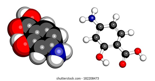 Para-aminosalicylic acid drug molecule. Used in treatment of tuberculosis and inflammatory bowel disease (ulcerative colitis, Crohn's disease). Atoms are represented as spheres with conventional color