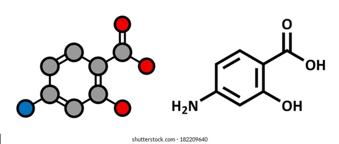 Para-aminosalicylic acid drug molecule. Used in treatment of tuberculosis and inflammatory bowel disease (ulcerative colitis, Crohn's disease). Atoms are represented as circles with conventional color