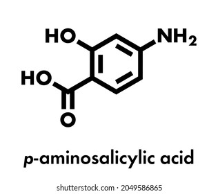 Para-aminosalicylic acid drug molecule. Used in treatment of tuberculosis and inflammatory bowel disease (ulcerative colitis, Crohn's disease). Skeletal formula.