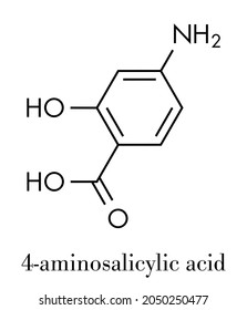 Para-aminosalicylic acid drug molecule. Used in treatment of tuberculosis and inflammatory bowel disease (ulcerative colitis, Crohn's disease). Skeletal formula.