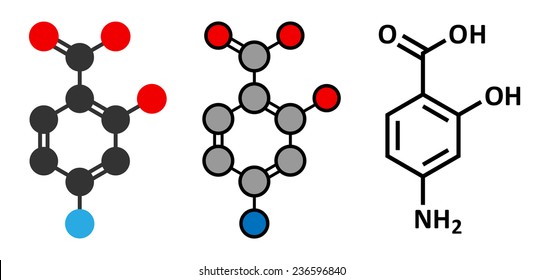 Para-aminosalicylic acid drug molecule. Used in treatment of tuberculosis and inflammatory bowel disease (ulcerative colitis, Crohn's disease). Skeletal formula and stylized representations.