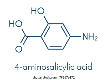 Para-aminosalicylic acid drug molecule. Used in treatment of tuberculosis and inflammatory bowel disease (ulcerative colitis, Crohn's disease). Skeletal formula.