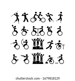 Para-athlete icon set in black or people with disabilities on isolated white background. sport competitions. EPS 10 vector.