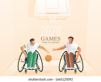 ParaAthletes Basketball Players and Hoop on Pastel Peach Background for 2020 Games Time To Sport.