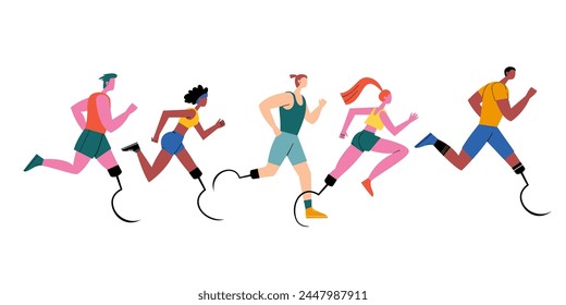 Para-athletes participate in running competitions. Мector illustration in flat style.