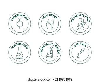 paraben free, 100% detox, sls sds free, mineral oil , chemically proven, phthalate free, dye free icon set vector illustration 