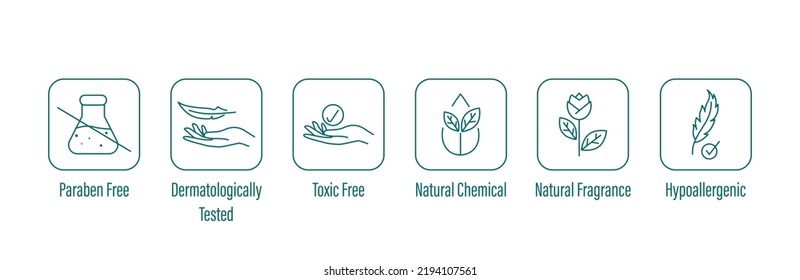 paraben free, dermatologically tested, toxic free, natural chemicals, hypoallergenic icon set vector illustration 