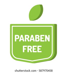 Paraben free. Green badge with leaf icon. Vector with 3d effect, illustration on white background.