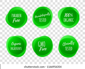 Paraben free green labels or dermatologically and clinically tested with 100 percent organic ingredients. Vector logo icons for healthy and skin safe product package design on transparent background