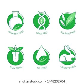 Paraben Free icon set. Set of eco badges. Free from artificial ingredients, pesticide, phosphate logos. For cosmetics, organic food, packaging. Vector illustration