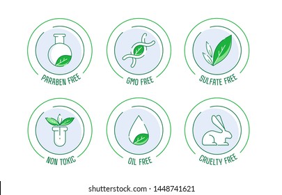 Paraben Free icon set. Set of eco badges. Free from artificial ingredients, pesticide, phosphate logos. For cosmetics, organic food, packaging. Vector illustration