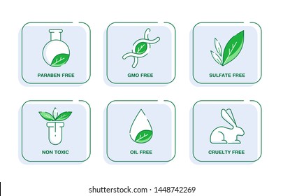 Paraben Free icon set. Set of eco badges. Free from artificial ingredients, pesticide, phosphate logos. For cosmetics, organic food, packaging. Vector illustration