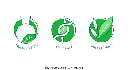 Paraben free icon set. Set of eco badges. Free from artificial ingredients, pesticide, phosphate logos. For cosmetics, organic food, packaging. Vector illustration