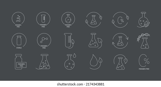 Paraben free icon symbol set. Editable stroke. Vector stock illustration isolated on black chalkboard background for packaging design in beauty industry. EPS10