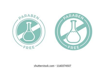 Paraben free label icon for health and skin safe products. Vector paraben chemical vial test logo for natural skincare cosmetic shampoo or cream package design