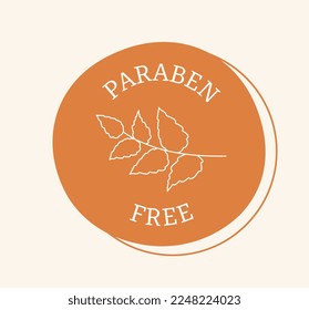 Paraben free label. Orange round sticker for social networks and messengers. Minimalistic silhouette of plant, and branch. Natural and organic product, cosmetics. Cartoon flat vector illustration