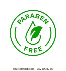 Paraben Free with a leaf drop label, logo, badge, icon, sticker, symbol, emblem, stamp, green, line, flat vector, isolated illustration. Paraben Free label for product packaging design.