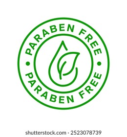 Paraben Free com uma etiqueta de folha, logotipo, distintivo, ícone, adesivo, símbolo, emblema, selo, verde, linha, vetor plano, ilustração isolada. Paraben Rótulo gratuito para design de embalagem do produto.