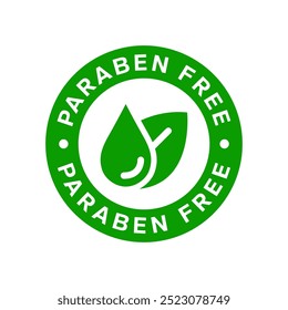 Paraben Free with a leaf drop label, logo, badge, icon, sticker, symbol, emblem, stamp, green, line, flat vector, isolated illustration. Paraben Free label for product packaging design.