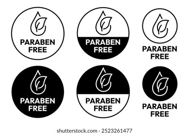 Paraben Free with a leaf drop label, logo, badge, icon, sticker, symbol, emblem, stamp, green, line, flat vector, isolated illustration. Paraben Free label for product packaging design.