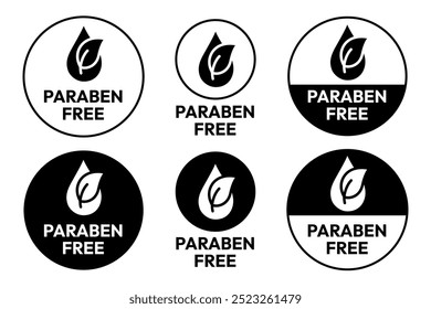 Paraben Free with a leaf drop label, logo, badge, icon, sticker, symbol, emblem, stamp, green, line, flat vector, isolated illustration. Paraben Free label for product packaging design.