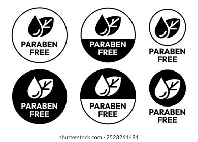 Paraben Free with a leaf drop label, logo, badge, icon, sticker, symbol, emblem, stamp, green, line, flat vector, isolated illustration. Paraben Free label for product packaging design.