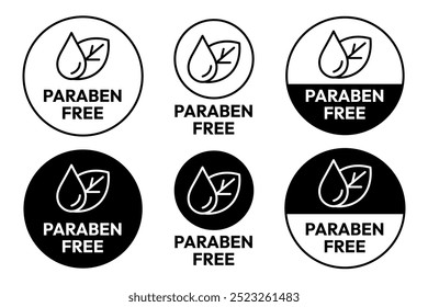 Paraben Free with a leaf drop label, logo, badge, icon, sticker, symbol, emblem, stamp, green, line, flat vector, isolated illustration. Paraben Free label for product packaging design.