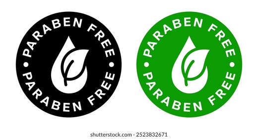 Paraben Free with a leaf drop label, logo, badge, icon, sticker, symbol, emblem, stamp, green, line, flat vector, isolated illustration. Paraben Free label for product packaging design.