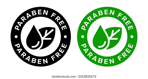 Paraben Free with a leaf drop label, logo, badge, icon, sticker, symbol, emblem, stamp, green, line, flat vector, isolated illustration. Paraben Free label for product packaging design.