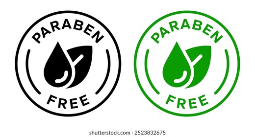 Paraben Free with a leaf drop label, logo, badge, icon, sticker, symbol, emblem, stamp, green, line, flat vector, isolated illustration. Paraben Free label for product packaging design.