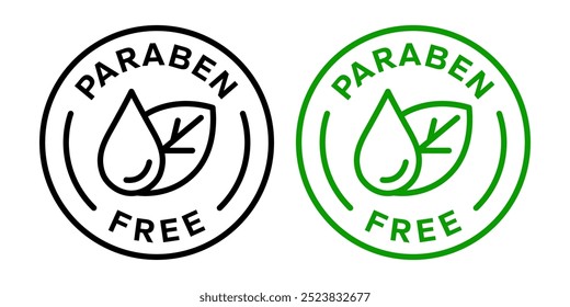 Paraben Free with a leaf drop label, logo, badge, icon, sticker, symbol, emblem, stamp, green, line, flat vector, isolated illustration. Paraben Free label for product packaging design.