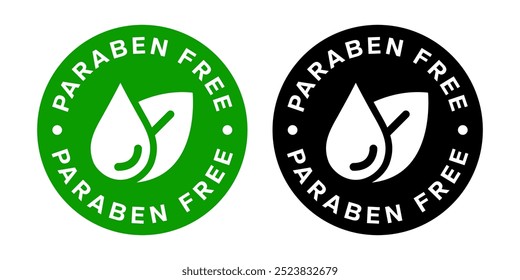 Paraben Free with a leaf drop label, logo, badge, icon, sticker, symbol, emblem, stamp, green, line, flat vector, isolated illustration. Paraben Free label for product packaging design.