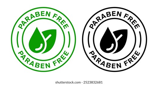 Paraben Gratis con una etiqueta de la gota de la hoja, logotipo, insignia, icono, etiqueta engomada, símbolo, emblema, sello, verde, línea, Vector plano, ilustración aislada. Etiqueta libre de Paraben para el diseño del embalaje del producto.