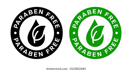 Paraben Free with a leaf drop label, logo, badge, icon, sticker, symbol, emblem, stamp, green, line, flat vector, isolated illustration. Paraben Free label for product packaging design.