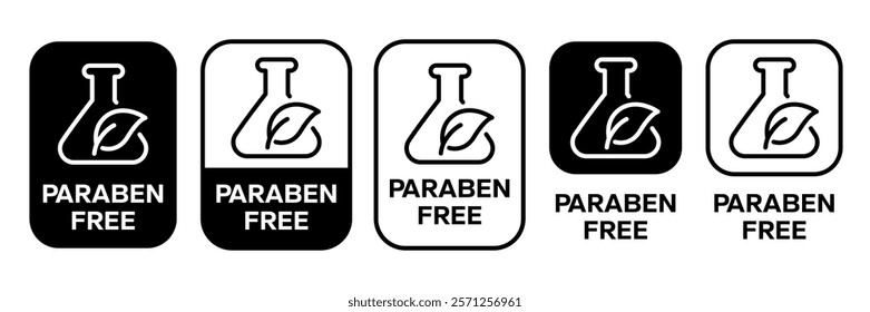 Paraben Free with a leaf drop label, logo, badge, icon, sticker, symbol, emblem, stamp, green, line, flat vector, isolated illustration. Paraben Free label for product packaging design.