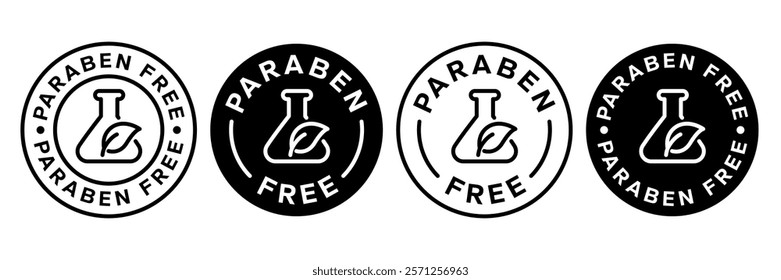 Paraben Free with a leaf drop label, logo, badge, icon, sticker, symbol, emblem, stamp, green, line, flat vector, isolated illustration. Paraben Free label for product packaging design.