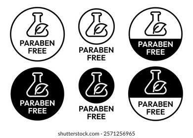 Paraben Free with a leaf drop label, logo, badge, icon, sticker, symbol, emblem, stamp, green, line, flat vector, isolated illustration. Paraben Free label for product packaging design.