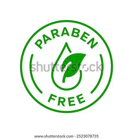 Paraben Free with a leaf drop label, logo, badge, icon, sticker, symbol, emblem, stamp, green, line, flat vector, isolated illustration. Paraben Free label for product packaging design.