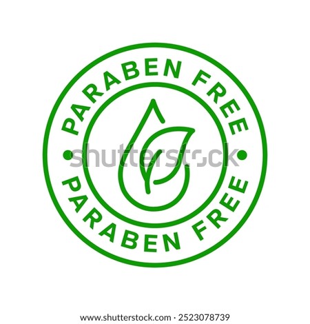 Paraben Free with a leaf drop label, logo, badge, icon, sticker, symbol, emblem, stamp, green, line, flat vector, isolated illustration. Paraben Free label for product packaging design.
