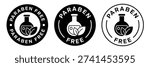 Paraben Free with leaf label, logo, badge, icon, sticker, symbol, line, flat vector, isolated illustration. Organic cosmetics, Eco friendly, skincare beauty products, sensitive skin icons set.