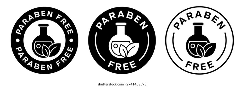 Paraben Free with leaf label, logo, badge, icon, sticker, symbol, line, flat vector, isolated illustration. Organic cosmetics, Eco friendly, skincare beauty products, sensitive skin icons set.