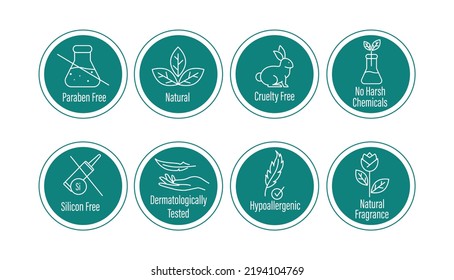 paraben free, natural, cruelty free, o harsh chemicals, silicon free, dermatologically tested, hypoallergenic, natural fragrance icon vector illustration 