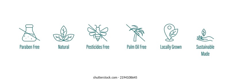 paraben free, natural, pesticides free, palm oil free, locally grown, sustainable made icon vector illustration 